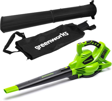 Greenworks 2en1 GD24X2BV Aspiradora y soplador de hojas, Li-Ion 2x 24V, velocidad de aire 321 km/h, regulación de velocidad, bolsa colectora, motor potente sin escobillas sin batería ni cargador
